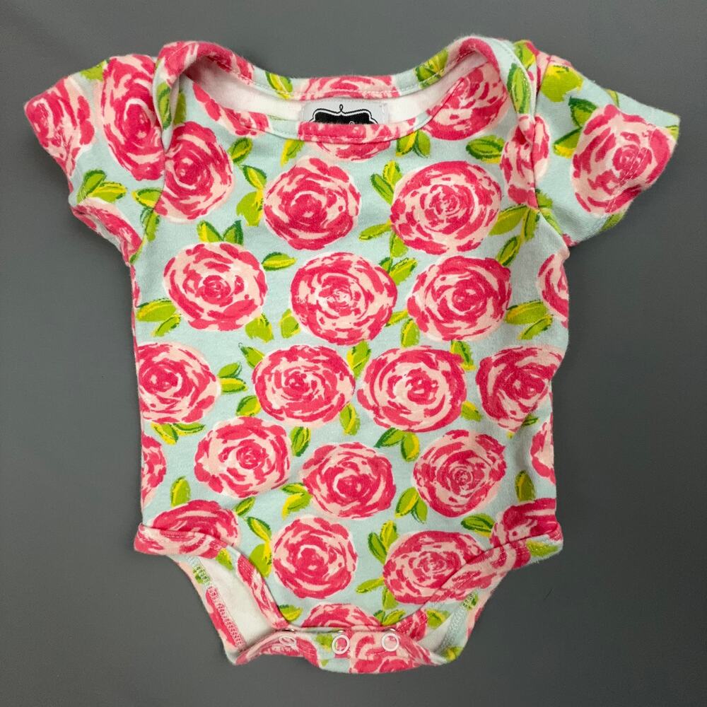 Mud Pie Rose Floral Baby Bodysuit | 0-6M | Cotton Pink Green One Piece